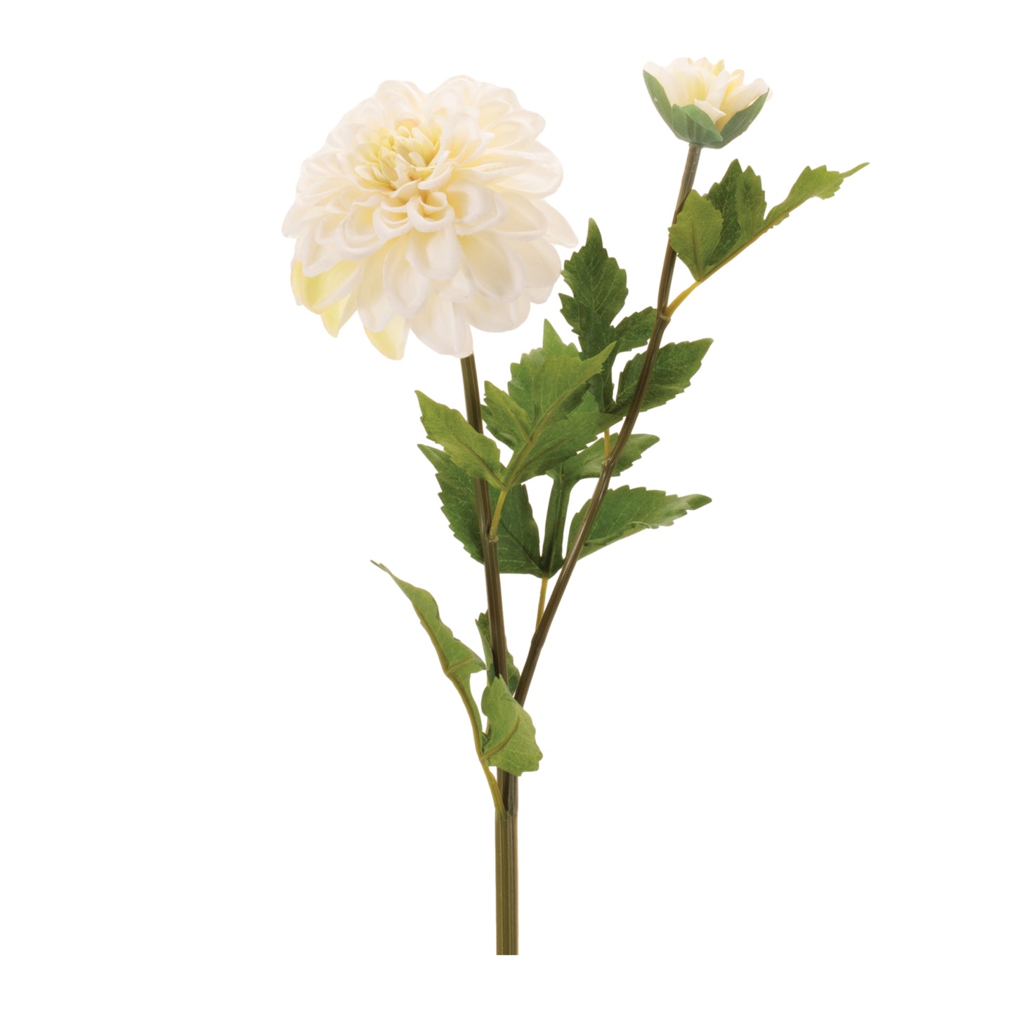 Set of six white and ivory dahlia flower stems with foliage, fabric and wired stems for spring decor
