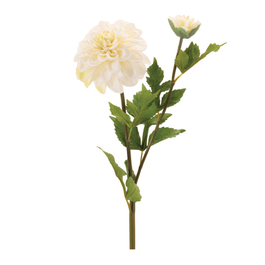 Set of six white and ivory dahlia flower stems with foliage, fabric and wired stems for spring decor
