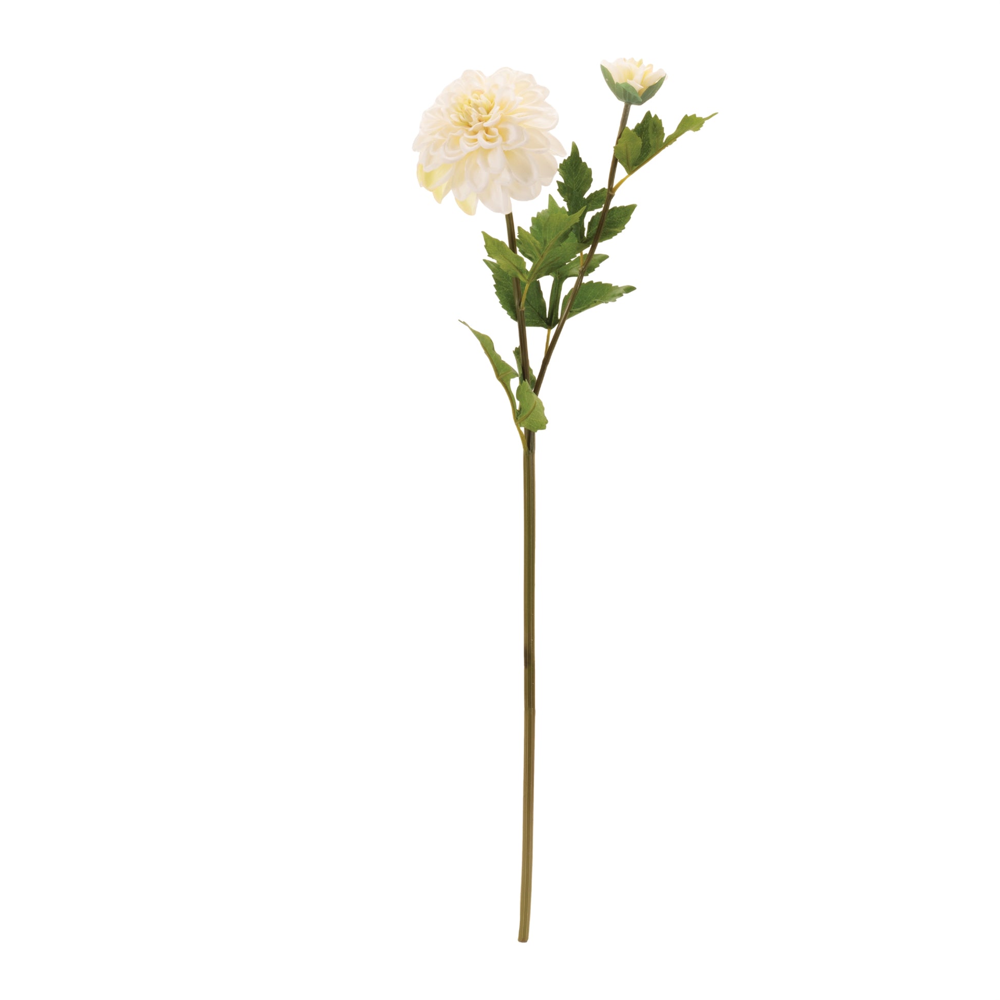 Set of six white and ivory dahlia flower stems with foliage, fabric and wired stems for spring decor
