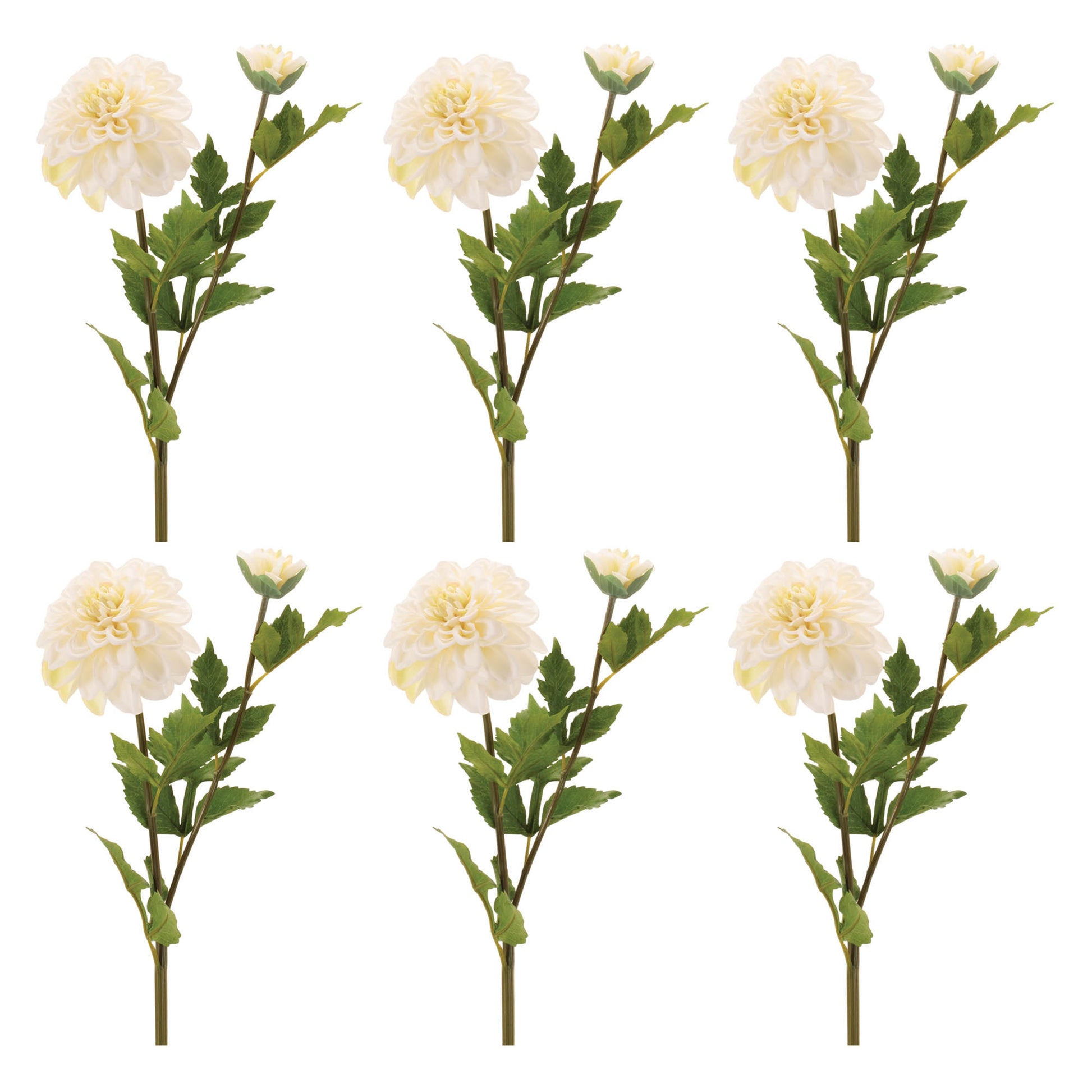 Set of six white and ivory dahlia flower stems with foliage, fabric and wired stems for spring decor
