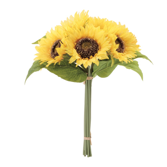 Set of two sunflower floral bundles with bright yellow blooms, green foliage, and raffia tie for fall décor

