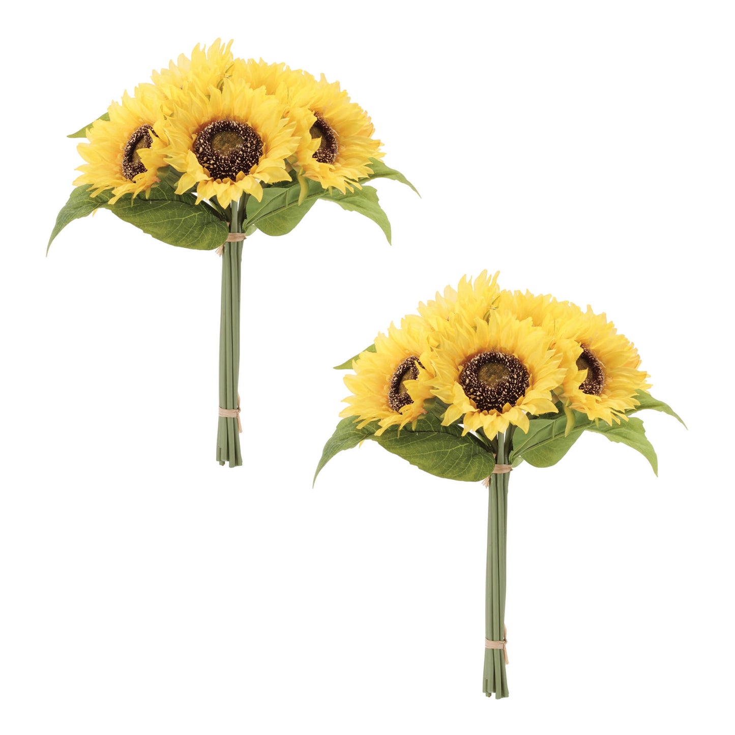 Set of two sunflower floral bundles with bright yellow blooms, green foliage, and raffia tie for fall décor
