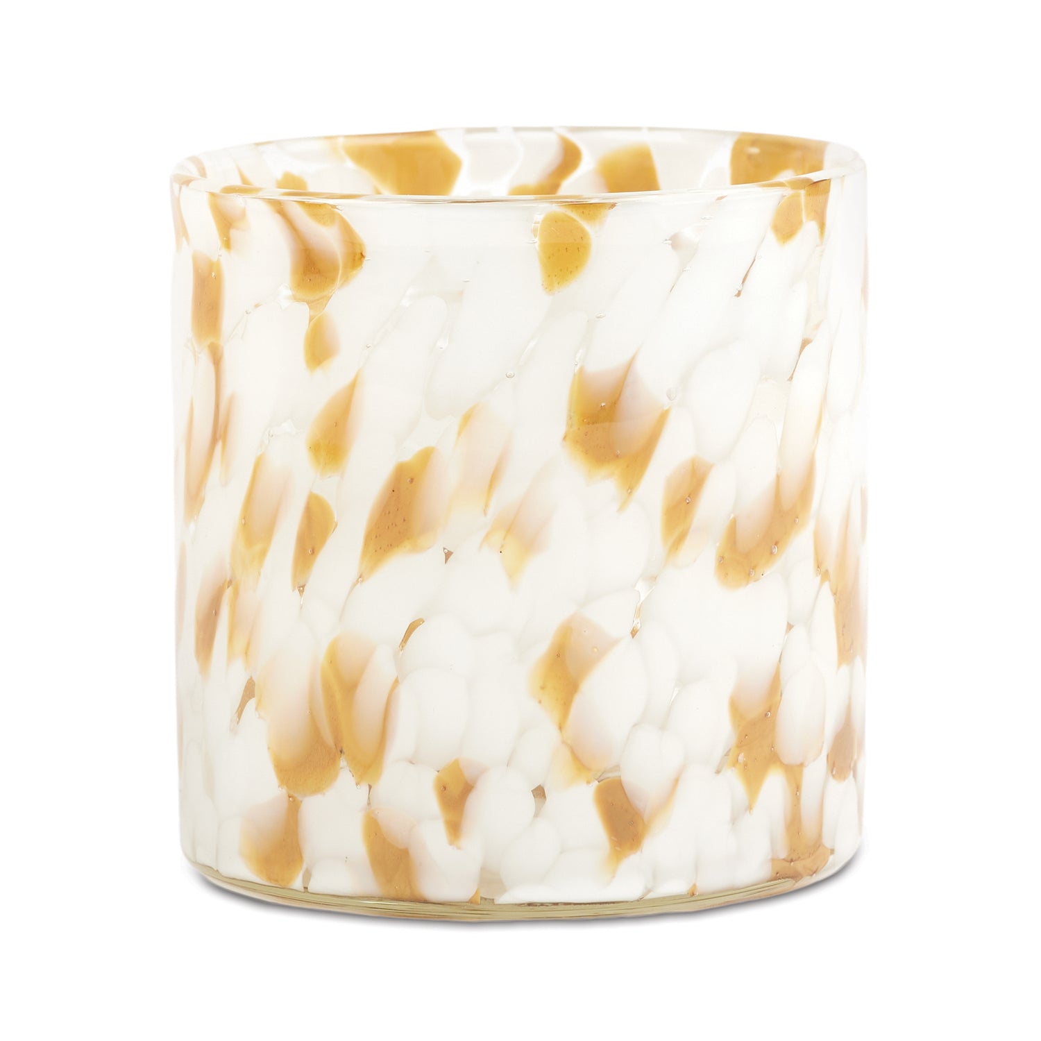 A set of two painted glass votive holders with a vibrant, multi-colored watercolor pattern sitting on a white surface.