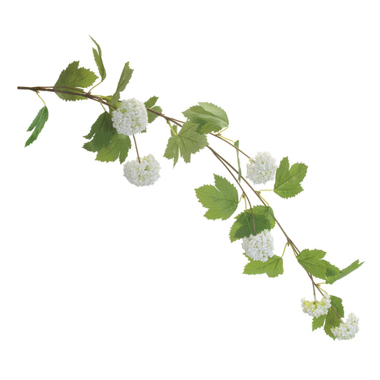 Set of six white snowball Viburnum floral branches with green foliage, wired stems for hanging or decorative displays
