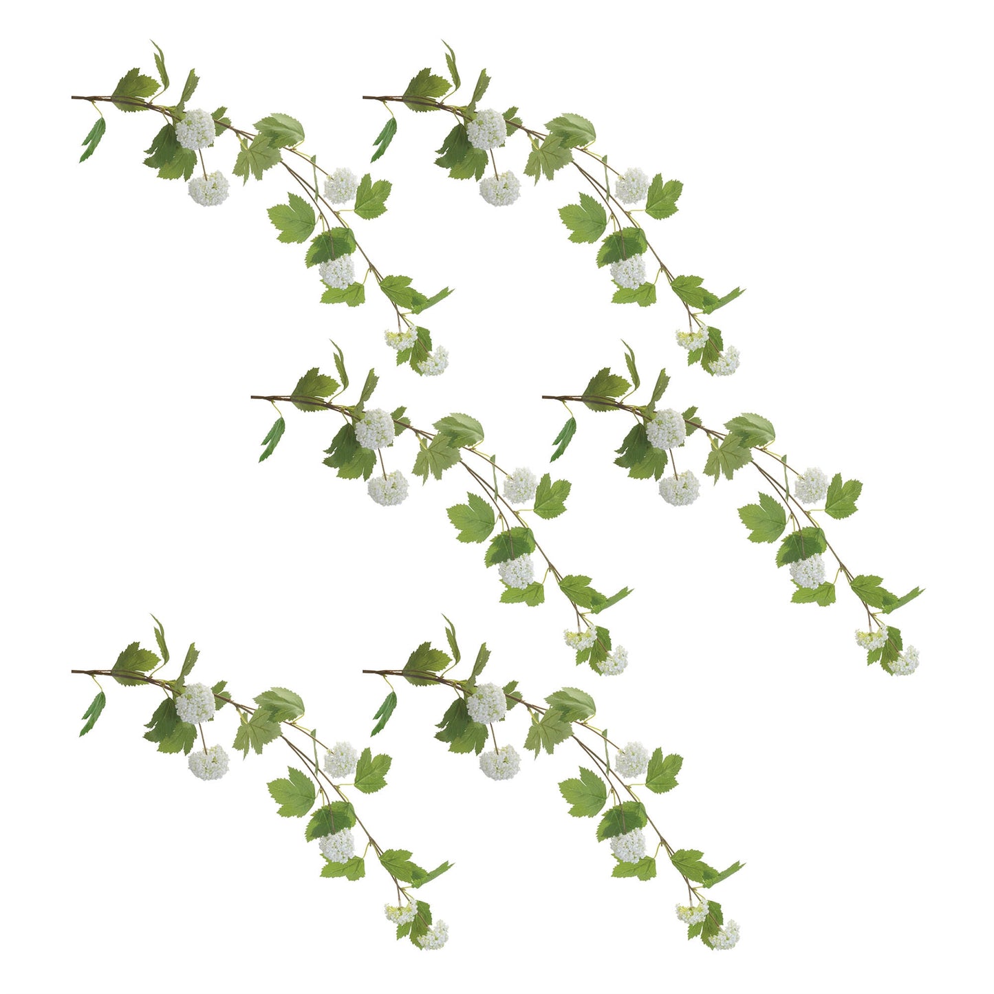 Set of six white snowball Viburnum floral branches with green foliage, wired stems for hanging or decorative displays

