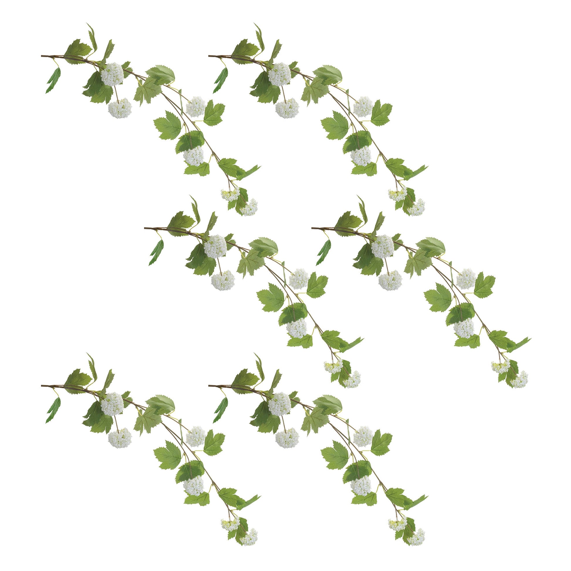 Set of six white snowball Viburnum floral branches with green foliage, wired stems for hanging or decorative displays
