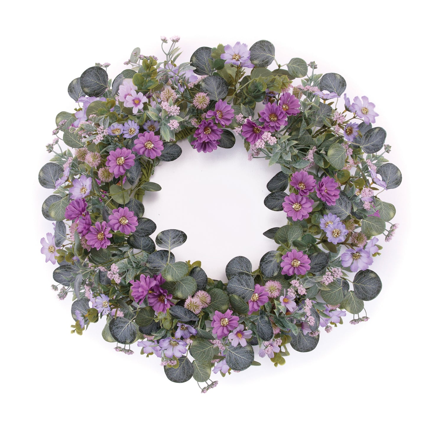 Mixed daisy floral and thistle wreath 22-inch with purple & pink daisies and mixed greenery spring accent
