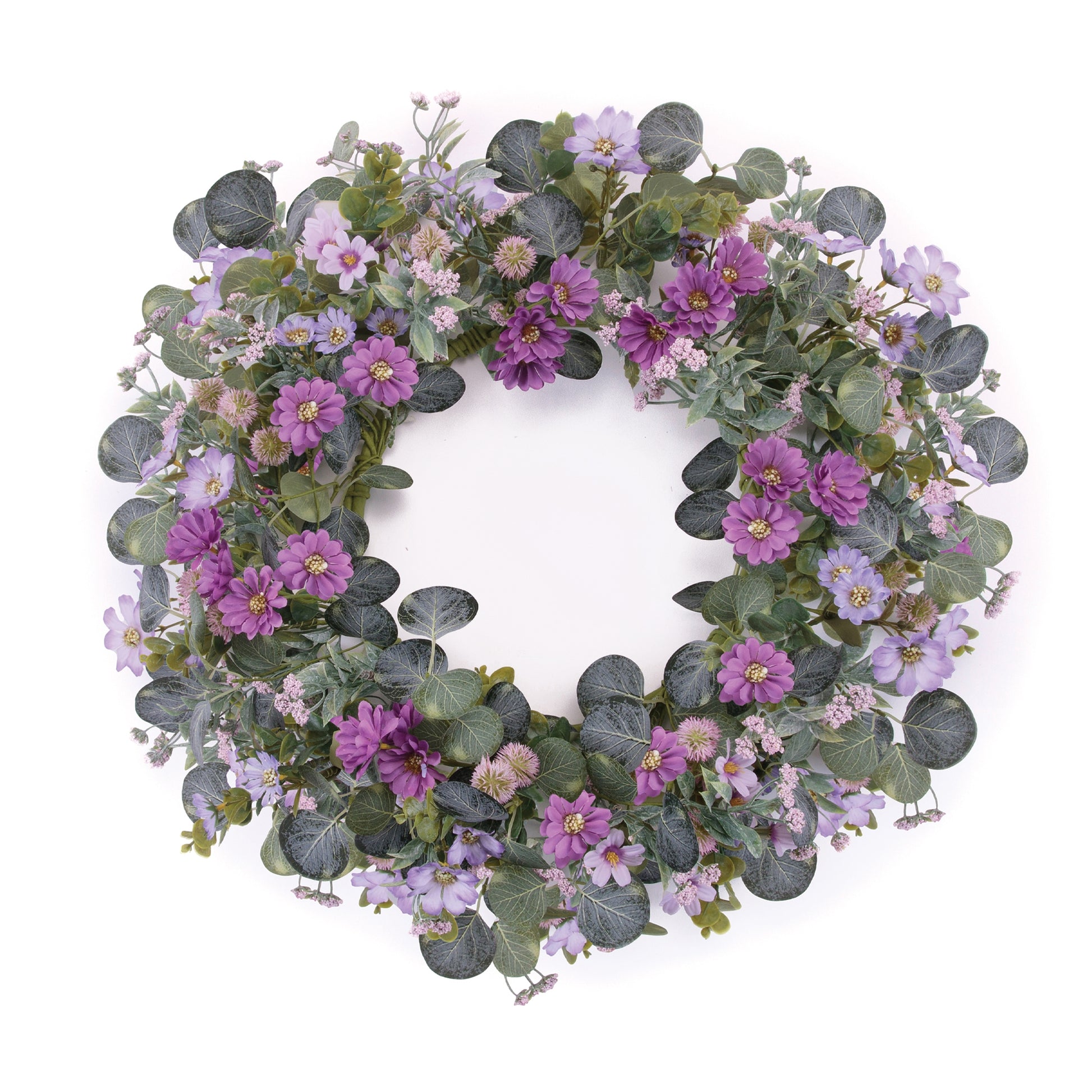Mixed daisy floral and thistle wreath 22-inch with purple & pink daisies and mixed greenery spring accent
