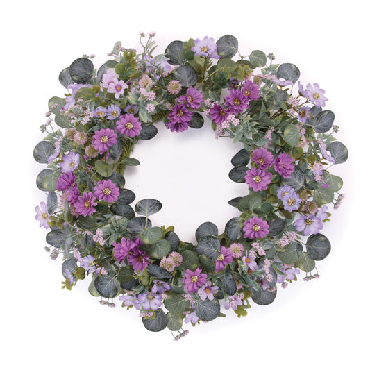 Mixed daisy floral and thistle wreath 22-inch with purple & pink daisies and mixed greenery spring accent
