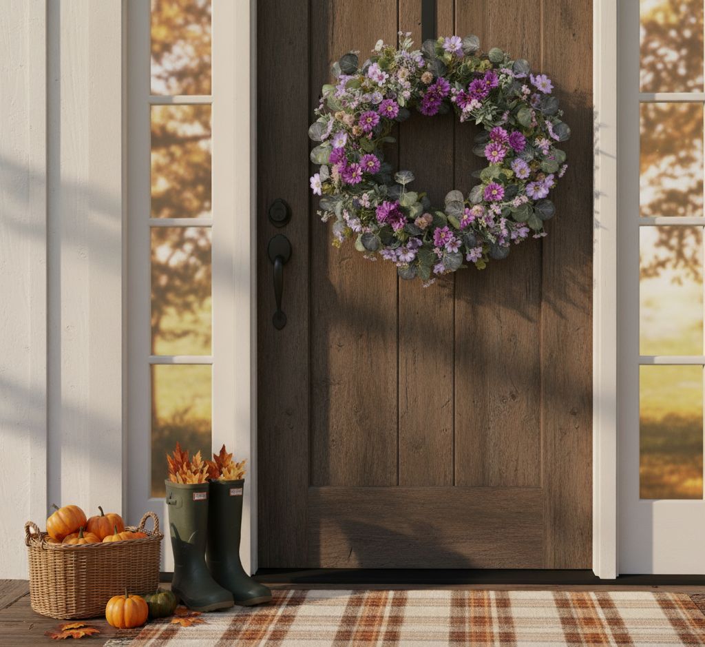 Mixed daisy floral and thistle wreath 22-inch with purple & pink daisies and mixed greenery spring accent
