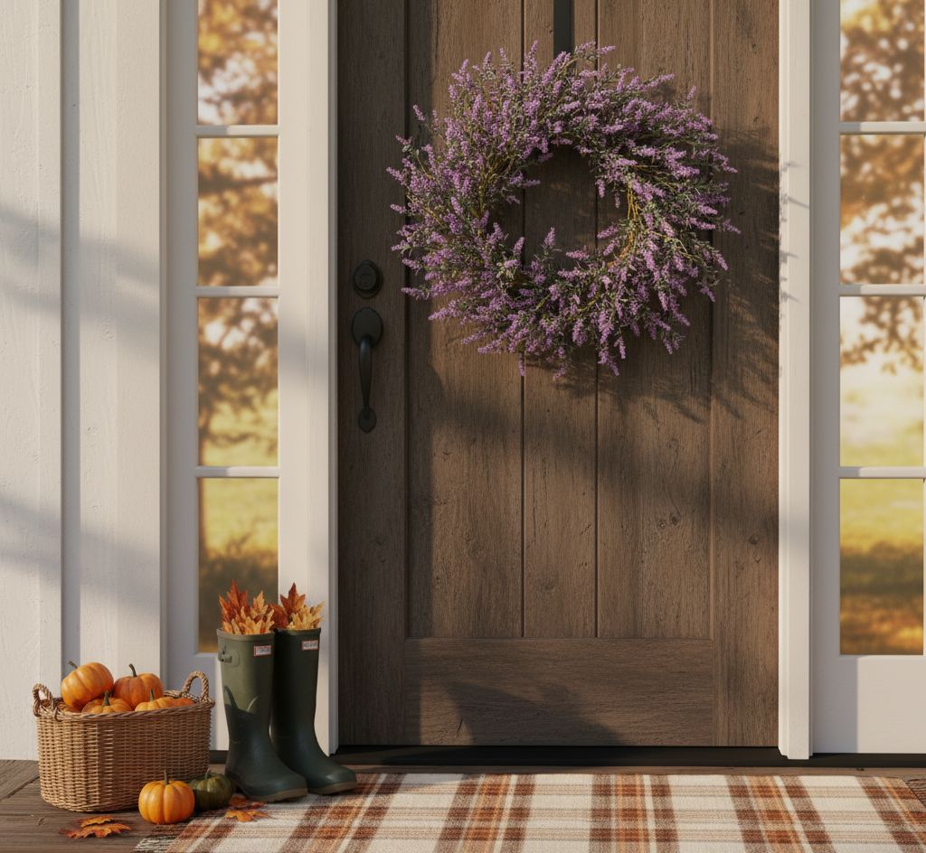 20-inch lavender floral wreath with purple blossoms and green foliage for spring/home accent
