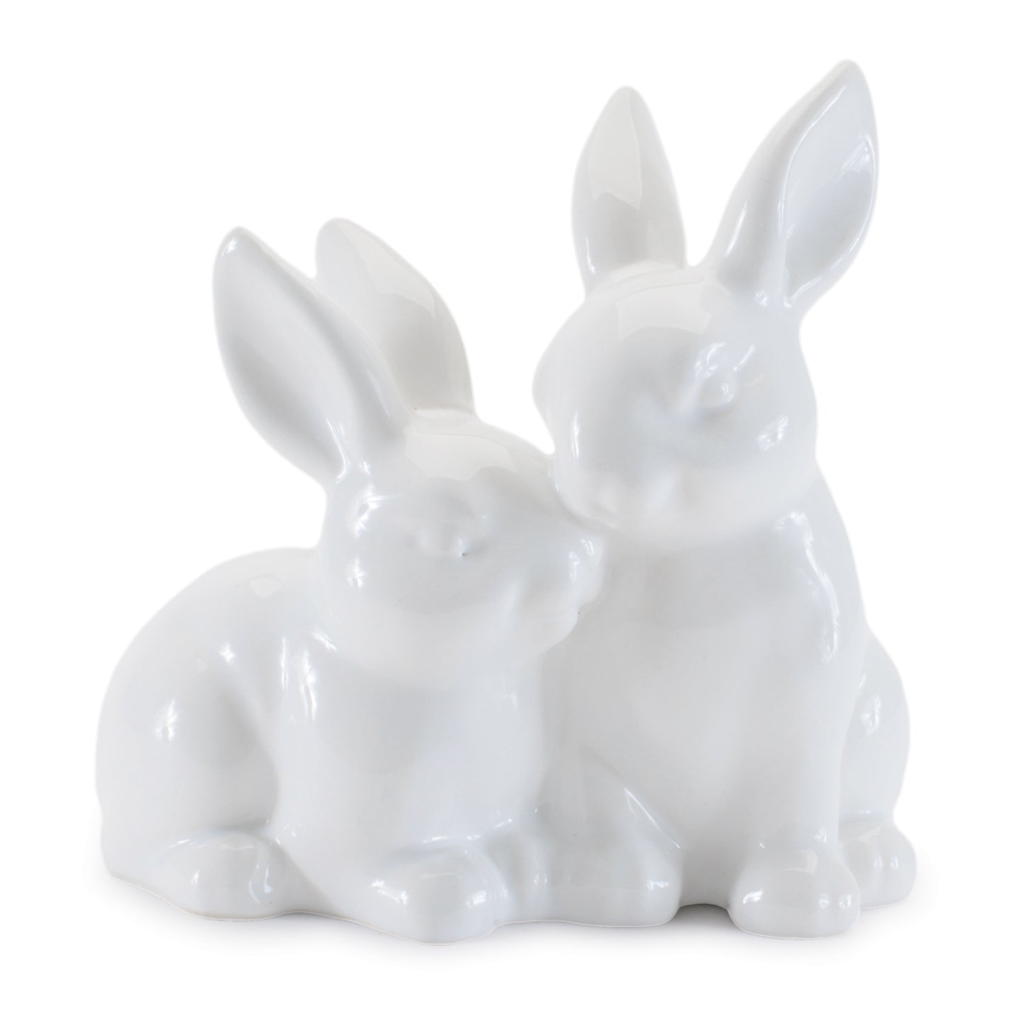Set of four mini white ceramic bunny couple figurines, glossy finish, spring home décor
