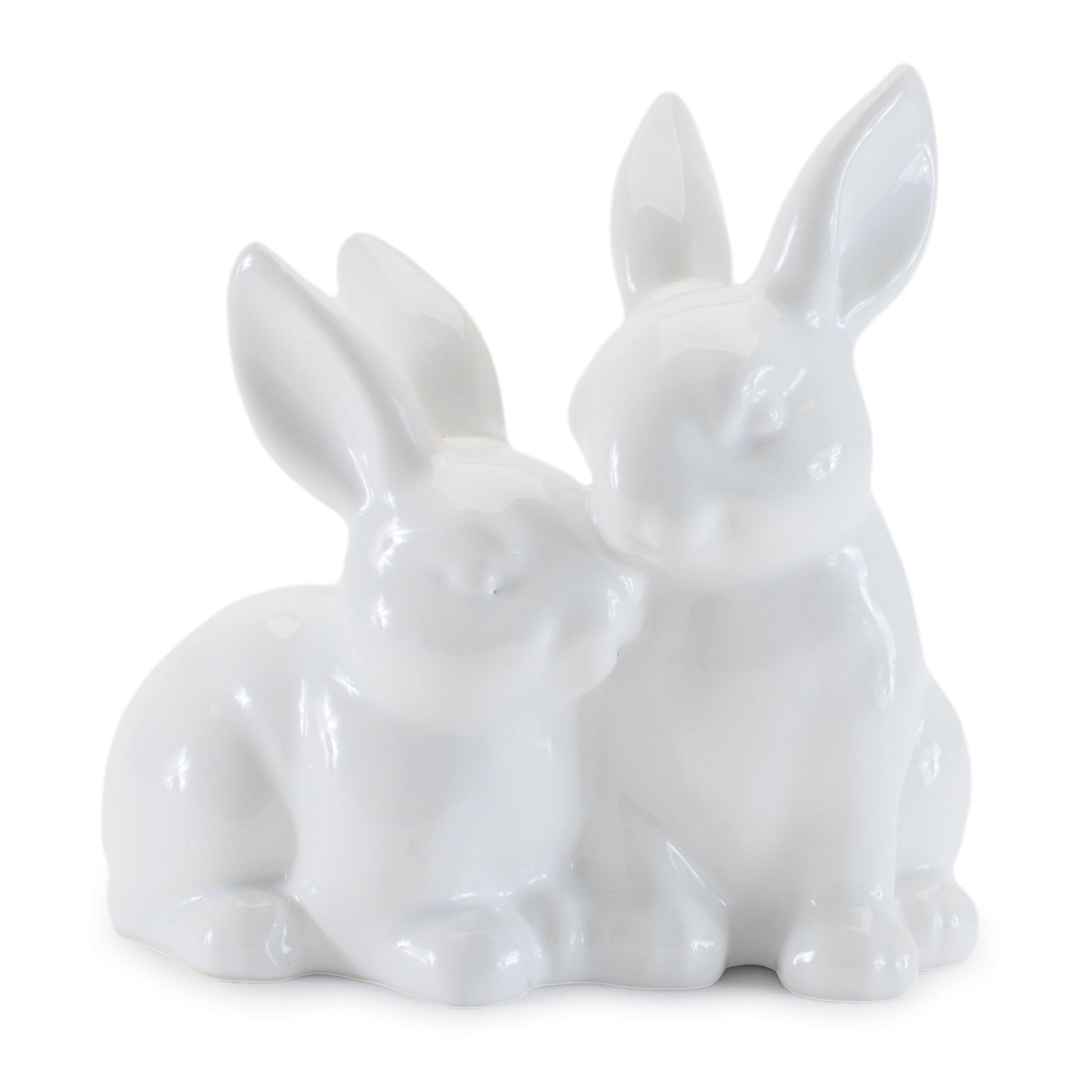 Set of four mini white ceramic bunny couple figurines, glossy finish, spring home décor
