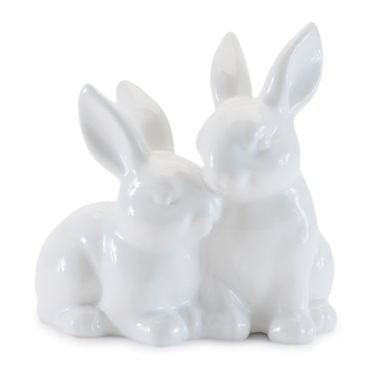 Set of four mini white ceramic bunny couple figurines, glossy finish, spring home décor
