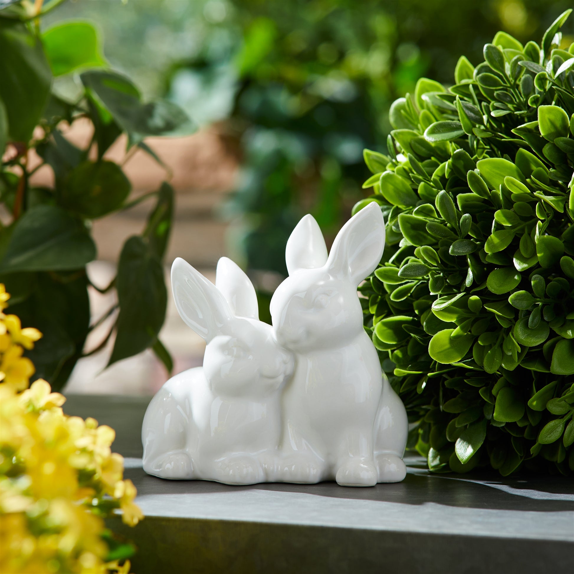 Set of four mini white ceramic bunny couple figurines, glossy finish, spring home décor
