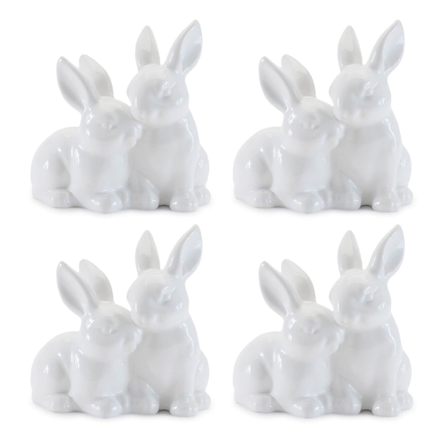 Set of four mini white ceramic bunny couple figurines, glossy finish, spring home décor
