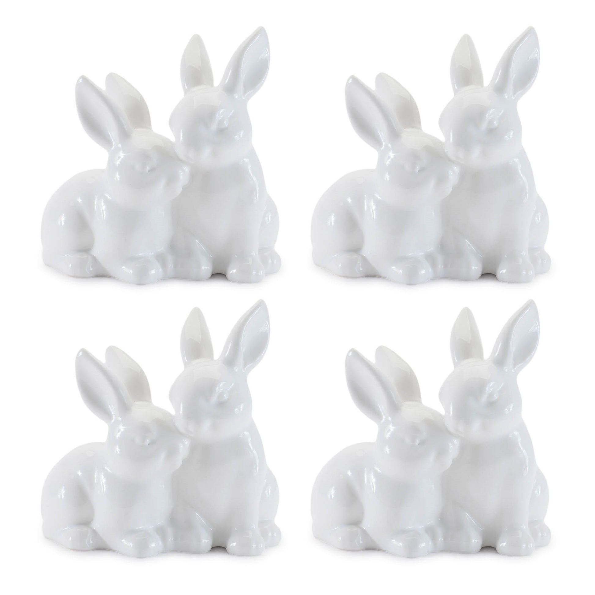 Set of four mini white ceramic bunny couple figurines, glossy finish, spring home décor

