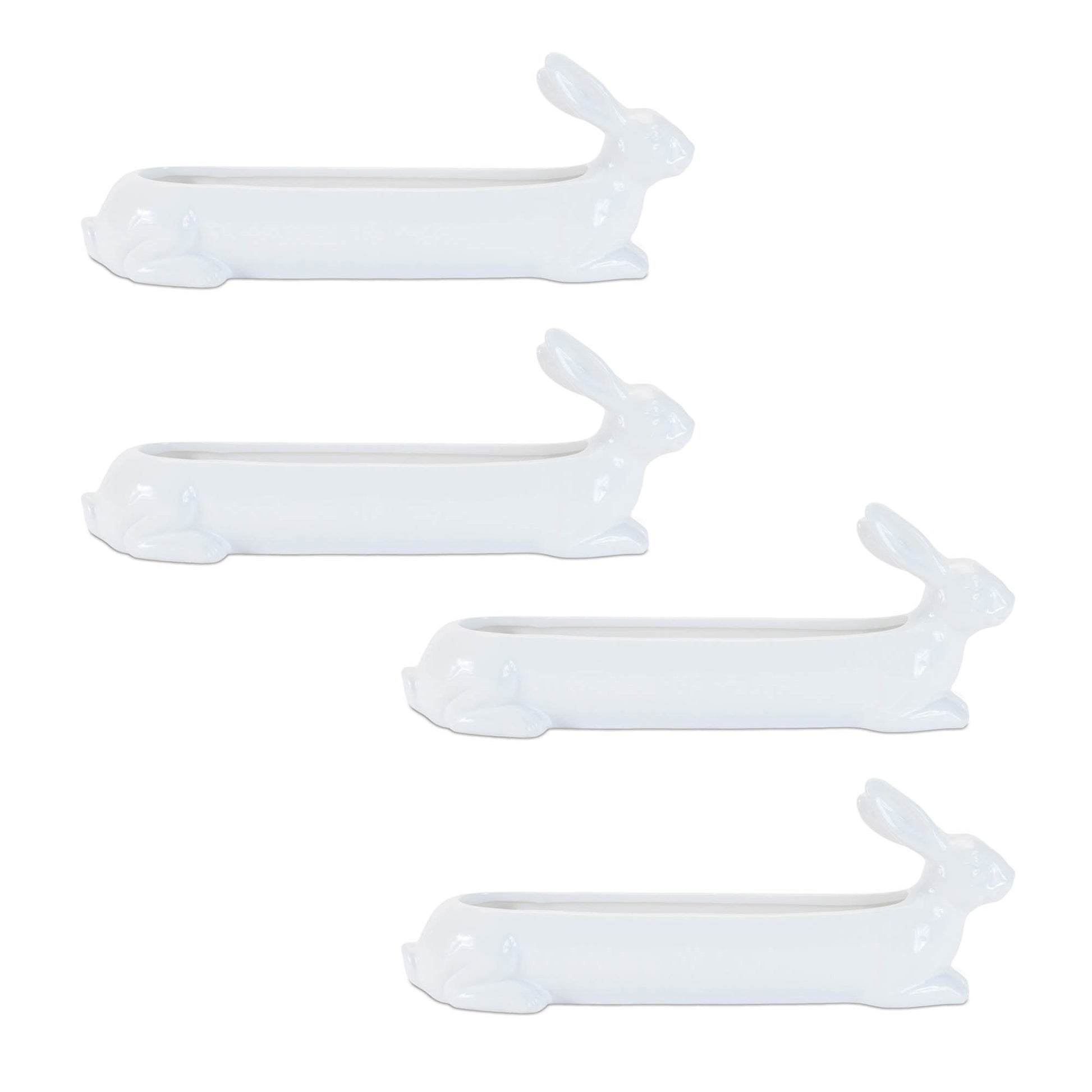 Set of four glossy white ceramic bunny planters with built-in cavities for succulents or flowers, spring décor

