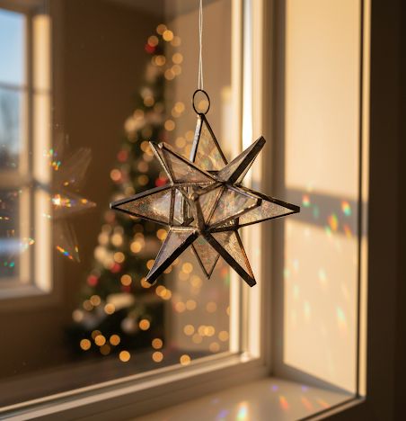 3-inch Moravian star stained glass ornament with iridescent finish and handmade star design
