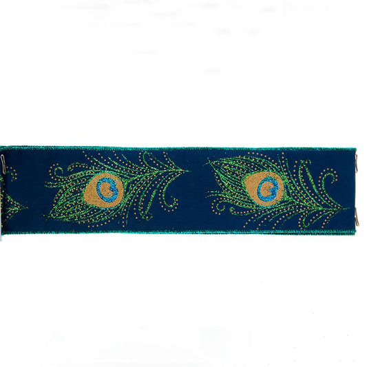 Peacock double wire ribbon with green, gold & light blue peacock feather design on dark blue with teal edges
