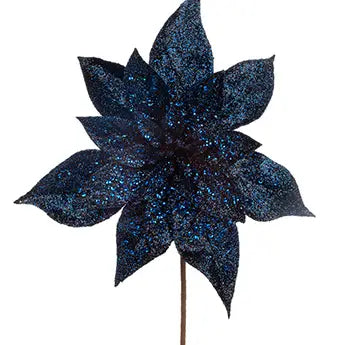 20" Poinsettia, Navy Blue with Sequin Floral Pick Napco   