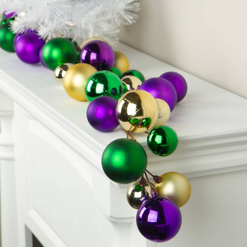 5-ft Mardi Gras garland featuring large purple, gold, and green ball ornaments—ideal for festive décor
