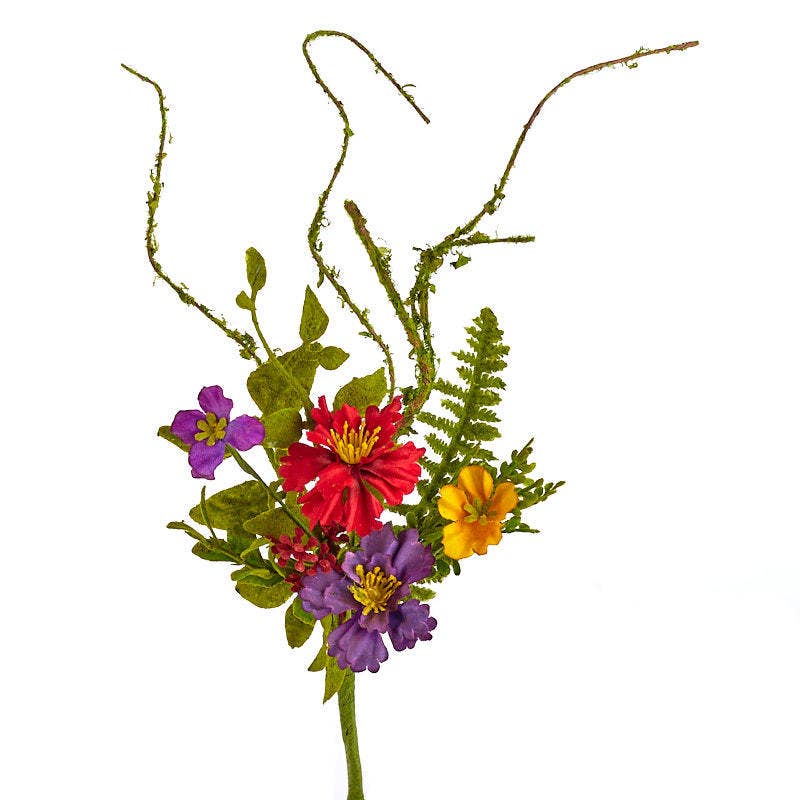 Full display of 12 inch wildflower pick showing natural garden style with mixed blooms and hand-wrapped wire stem
