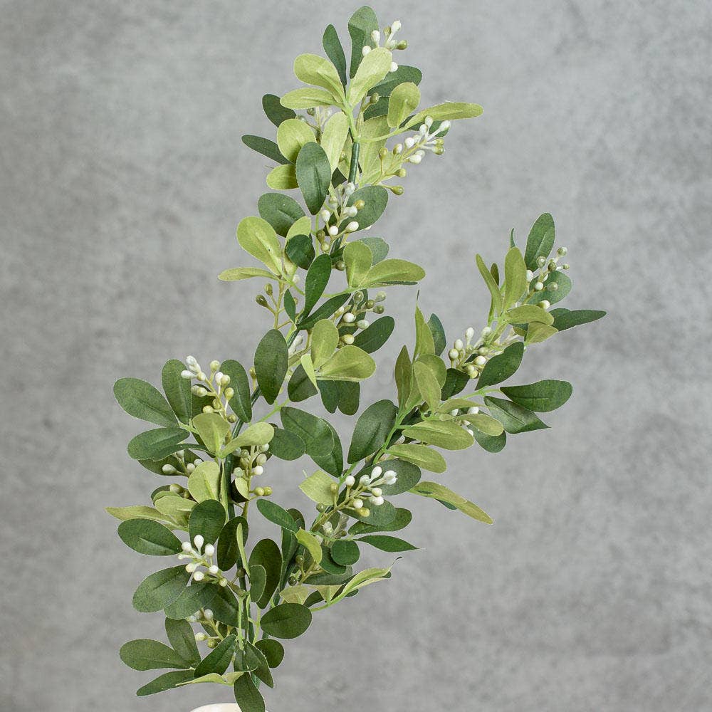 Close-up view of tea olive greenery showing detailed artificial leaves and natural branch texture at RRO Home