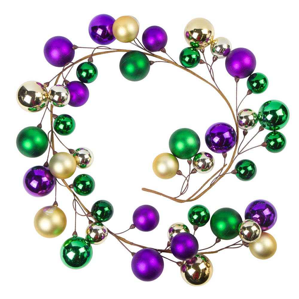 5-ft Mardi Gras garland featuring large purple, gold, and green ball ornaments—ideal for festive décor
